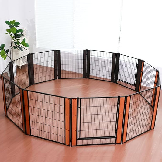 Heavy Duty Dog Playpen 32 Inch Height - Indoor Outdoor Pet Fence Enclosure for Medium and Small Dogs - Foldable Puppy Exercise Pen for Indoor and RV Camping or Yard (12 Panels, 35.4" H (Oak))