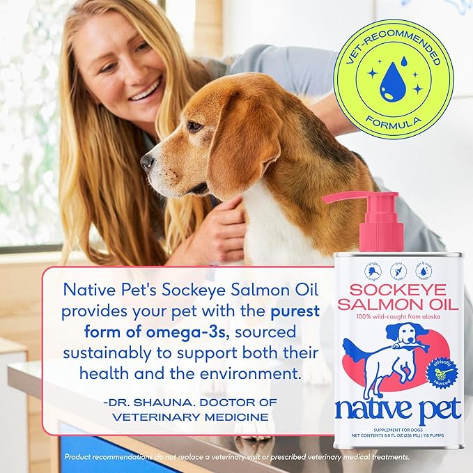 Native Pet Salmon Oil for Dogs & Cats – Pure Omega-3 Fish Oil for Dogs Supplement for Skin & Coat, Joint & Heart Health - Dog Anti-Inflammatory – 100% Wild-Caught Alaskan Sockeye Salmon – 8 oz