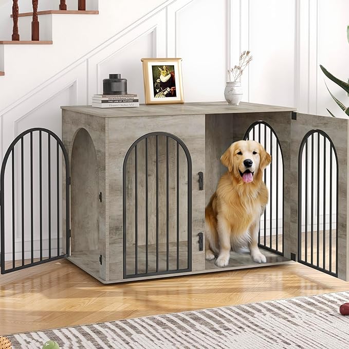 44.1" Wooden Dog Crate Furniture, Indoor Dog Kennel Dogs Cage for Small/Medium/Large Dogs, Heavy Duty Dog Crates Decorative Pet House End Side Table TV Stand, Greige Black DFC83905B