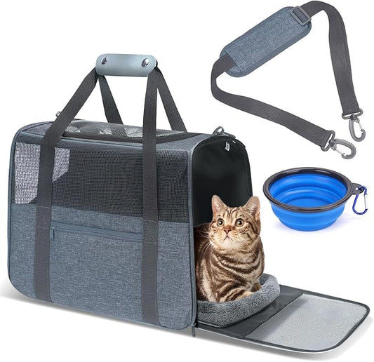JUNGYOON Large Cat Carrier – Soft-Sided Airline-Approved Pet Carrier Bag with Top Opening, Portable Travel Carrier for Big Cats & Dogs Up to 20lbs – Safety Zippers, Collapsible Bowl, Charcoal