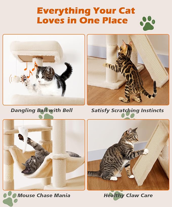 AMHANCIBLE Cat Tree, 83 Inch Large Multi-Level Tall Tower for Indoor Adult Cats, with Scratching Post and Board, Hammock, Condos, Hanging Basket, Activity Center to Play and Sleep, Beige, PT21BG