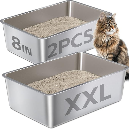 Stainless Steel Litter Box,Metal Litter Box for Big Cats 8IN Deep, Cat Litterbox 2 Pack Easy to Clean-High Sided,Stainless Steel CatLitters Box for Adult Cats,Non Stick, No Smell