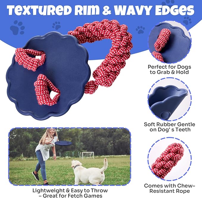 Interactive Dog Frisbee Rope Toy – Tough 2-in-1 Flying Disc & Rope Chew Toy for Medium/Large Dogs, Outdoor Training & Fetching, Blue & Red