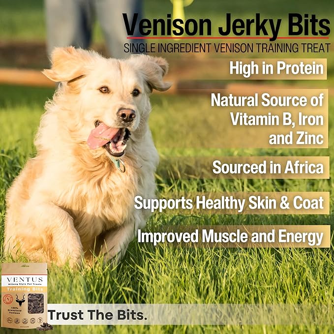 VENTUS Jerky Training Bits - Single Ingredient High Protein Venison Dog Training Treats, Grain-Free, Air-Dried Training Treats for Dogs 8 oz