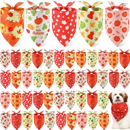 Weewooday 50 Pcs Thanksgiving Fall Dog Bandanas Bulk Pumpkin Maple Leaves Autumn Bandanas for Bibs Adjustable Scarf for Small Medium Large Pet Cat Costume(Leaves Pattern, 19.7 x 13.8 x 13.8 Inch)