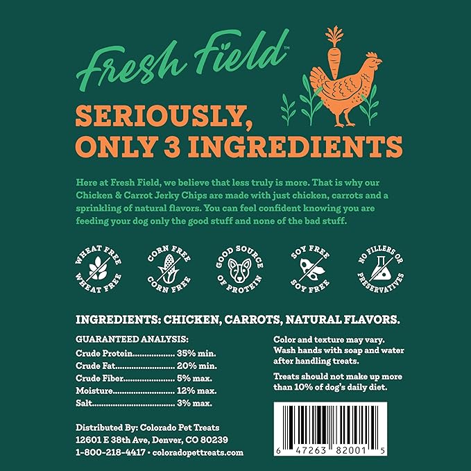 Fresh Field Chicken & Carrot Jerky Chips, 5 oz – All-Natural Dog Treats, USA Made, No Fillers, Supports Health