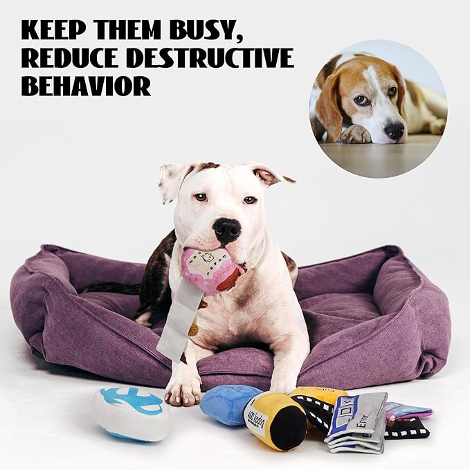 Nocciola Funny Squeaky Dog Toys, Old Tech Themed Stuffed Plush Puppy Toy Set with Hidden Treat Pockets, Cute Crinkle Chew Toys for Small Medium Large Breed, Boy Dog Birthday Gifts, 7 Packs