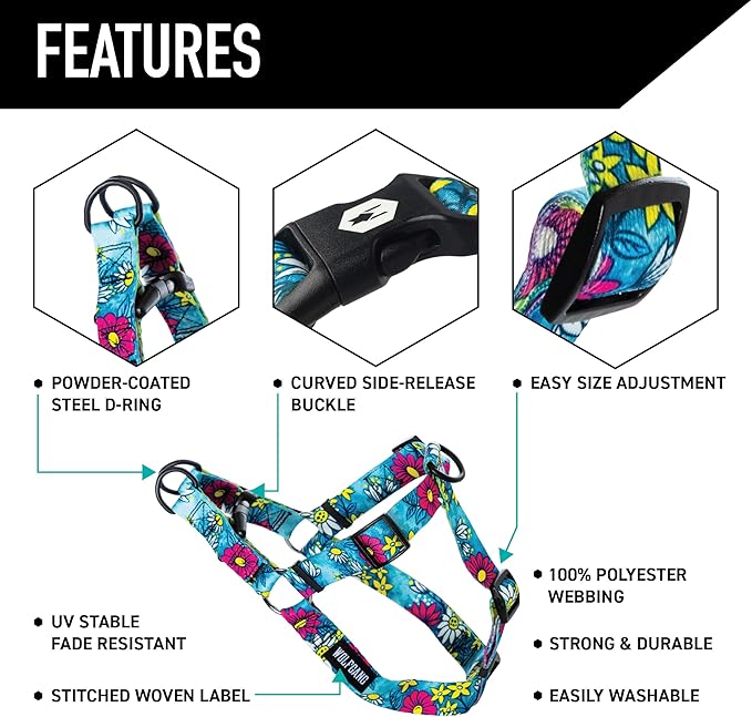 Wolfgang Heavy Duty Adjustable Dog Harness, Pull-Tested to Over 800 lbs for Walking & Training, LazyDaisy Print, Small