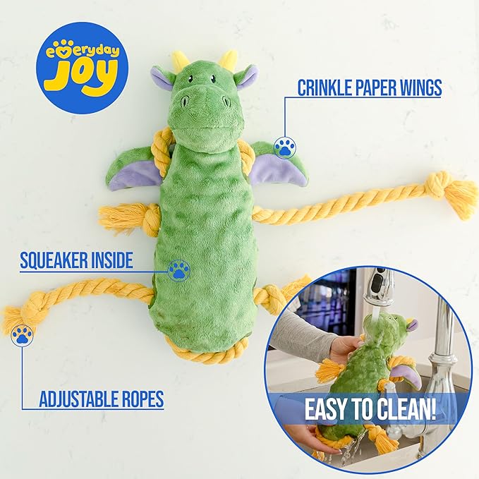 Squeaky Dog Stuffed Animals Chew Toy, Crinkle Paper Tug of War Rope Plush Dog Toy, Soft Tough Squeaker Dog Entertainment Toys for Home Alone, Fun Boredom Busters for Dogs - Dragon