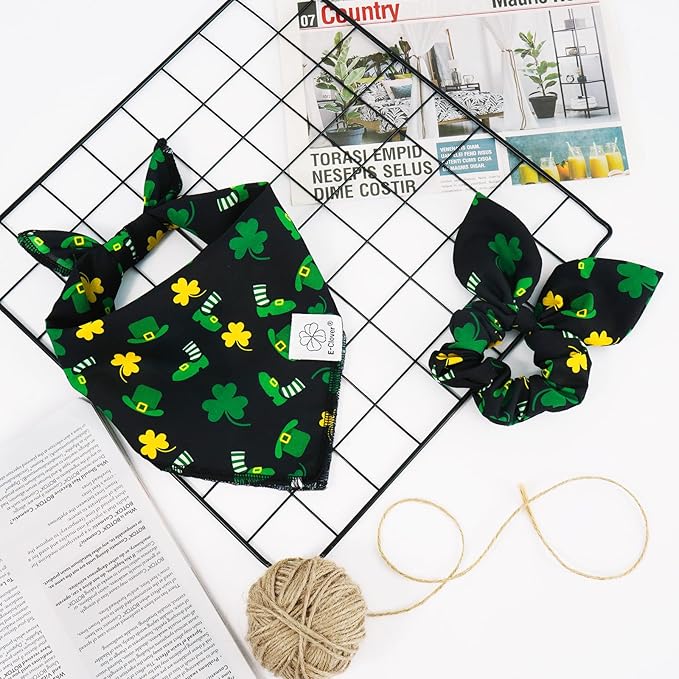 E-Clover Dog Bandana Boy & Matching Scrunchie-Shamrock Dog Bandanas Irish Pet Scarf Bib for Medium Large Dogs Girl Owner Gift Dark Green