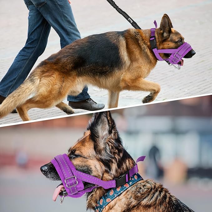 SlowTon Soft Dog Muzzle, Adjustable Padded Nylon Muzzle for Large Medium Dogs Anti Chewing Barking Biting, Allow Dog Pant & Drink (Purple, L)