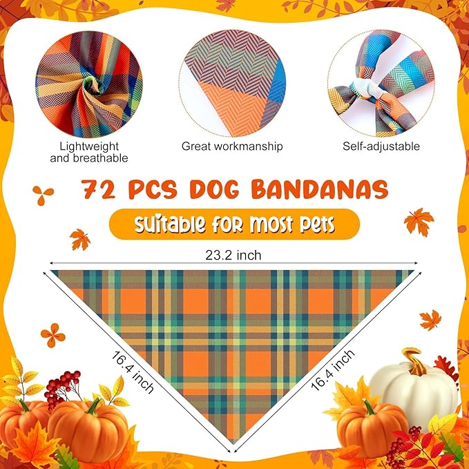 Sanwuta 72 Pcs Thanksgiving Dog Bandana Bulk Washable Puppy Triangle Scarfs Thanksgiving Cat Bandanas Adjustable Soft Fall Pet Triangle Bibs Accessories for Small Medium Dogs Cats Pets Costume