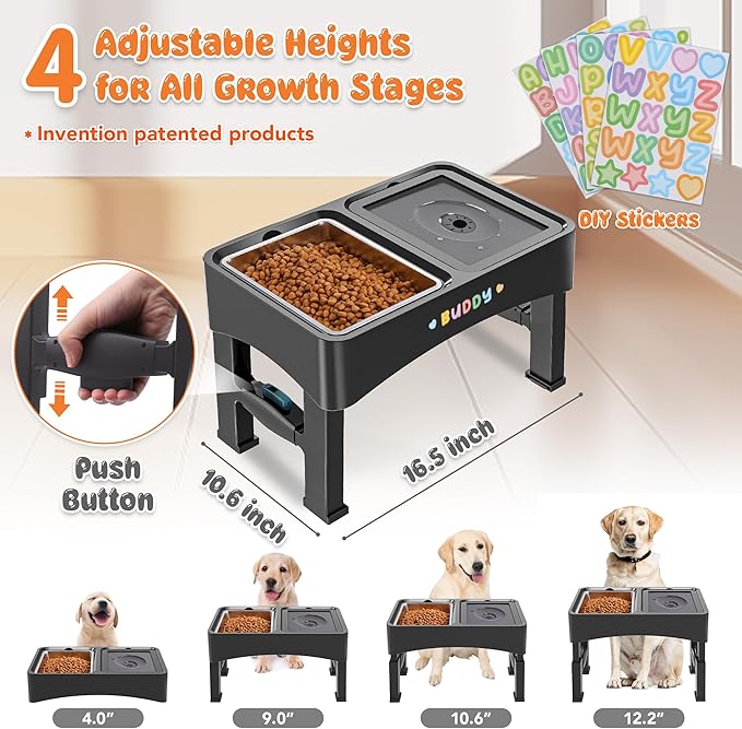 Decflow 3-in-1 Elevated Dog Bowls, 4 Height Adjustable Raised with Stainless Steel, Slow Feeder, No Spill Water Bowl, DIY Stickers Foldable Pet Bowl for Medium Large Dogs