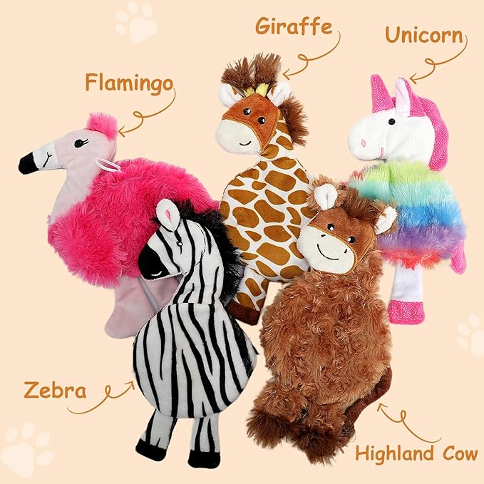Hollypet Soft Squeaky Dog Toys, Plush No - Mess Chew Toys for Small and Medium Dogs and Non-Aggressive Chews, Puppy Teeth Cleaning Chew Toys, 5 Animal