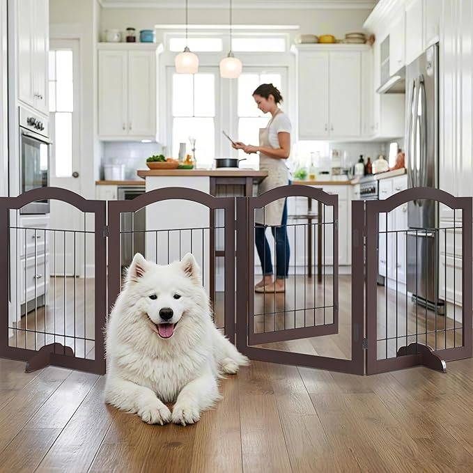 Vantas Folding No-Assembly Dog Door Pet Gate 96" Wide, 30" Tall Wooden Dog Gate with Door Walk Through, Freestanding Wire Pet Gate, Pet Puppy Safety Fence, with 2PCS Support – Espresso