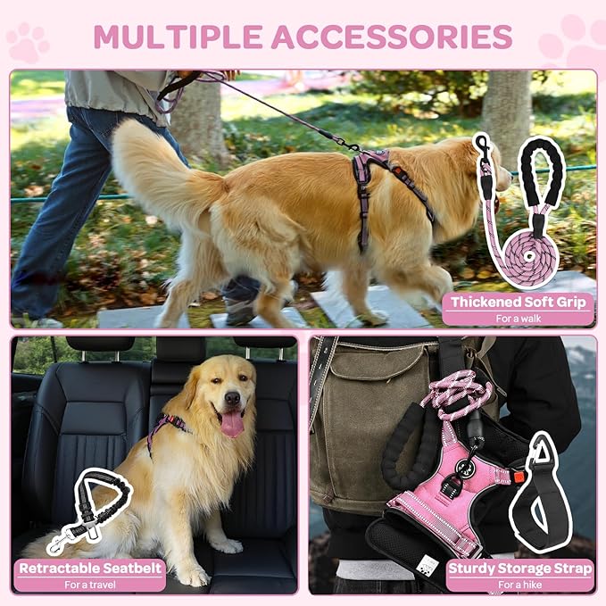FURRYFECTION Dog Harness | No Pull Dog Harness | Reflective Oxford | Padded Handle | 4 Adjustable Straps | 2 Leash Clips | No Choke Pet Vest Harness for Small Medium Large Dogs | Pink | L