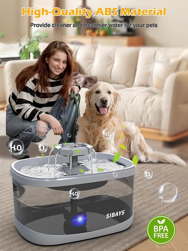 SIBAYS 2.5Gal/9.5L Dog Water Fountain for Large Dogs, 3 Flow Modes Large Pet Water Fountain for Cats, Automatic Dog Water Bowl Dispenser with 7" Filter & Smart LED Pump, Quiet, BPA-Free Material(FS68)