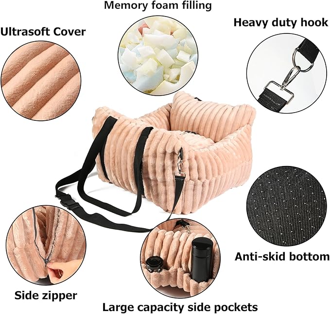 Dog Car Booster Seat, for Small Dogs Under 30 lbs, Detachable Washable Travel Bed with Storage Pockets and Safety Belt (Pink, Medium)