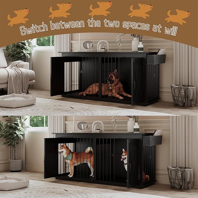 78.8" Double Dog Crate Furniture with Sliding Barn Doors, 4 Storage Spaces, Extra Large Indoor Pet Kennel for 2 Dog, Farmhouse Style Cage (Advanced Black)