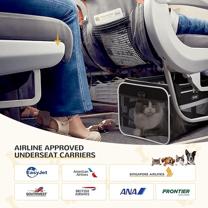 Lekereise Top-Expandable Pet Carrier - TSA Airline Approved Soft Sided Underseat Up to 12lbs Travel Carriers for Small Cats and Dogs with Locking Safety Zippers Anti-Scratch Mesh Black