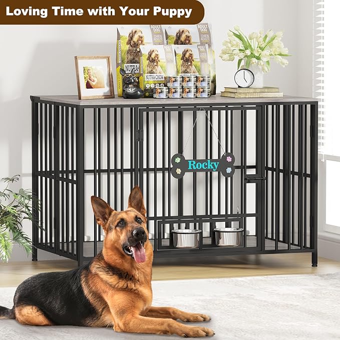 Easycom 43" Dog Crate Furniture Foldable, No Assembly Decorative Dog Kennel Indoor, XL Dog Crates for Large Dogs (60-80 lbs), Wooden Dog Cage with Adjustable Bowls and Name Tag, Oak Grey