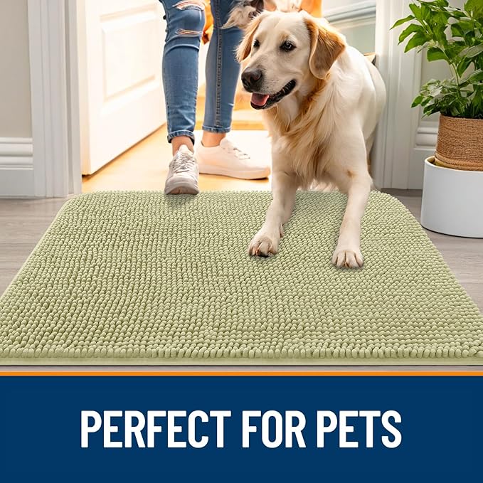 OLANLY Dog Door Mat for Muddy Paws 24x16, Absorbs Moisture and Dirt, Absorbent Non-Slip Washable Doormat, Quick Dry Chenille Mud Mat for Dogs, Entry Indoor Entryway Carpet for Inside Floor, Vanilla