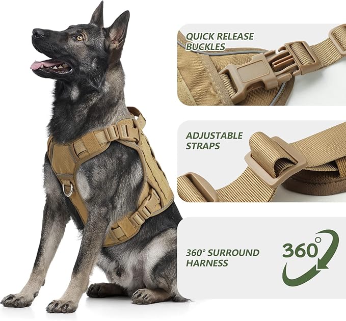 WINGOIN Tactical Dog Harness for Large Dogs, Heavy Duty No Pull Dog Harness with Handle, Adjustable Reflective Military K9 German Shepherd Big Size Dog Vest for Walking, Training, Hunting, Khaki (L)