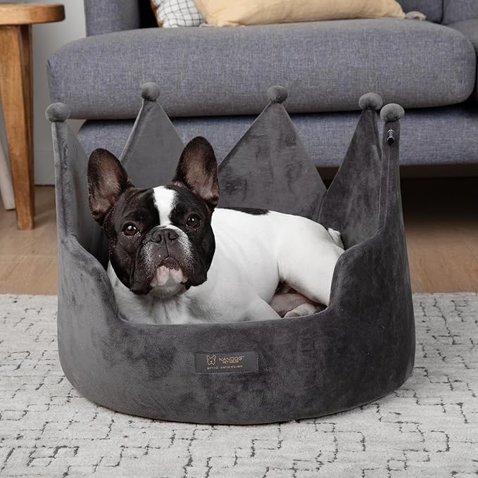 NANDOG Pet Gear Crown Cozy Round Dog and Cat Bed Collection Washable Indoor Pet Bed for Small Breeds -Soft Bed Fits in Crate or Kennel - Made of Ultra Soft Micro-Plush Material (Royal Gray Prive 18")