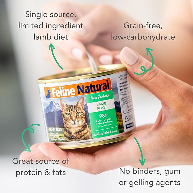 Feline Natural New Zealand Canned Catfood Wet Food, High-Meat, Low-Carb, & Grain Free Cat Food Wet, Lamb Feast, 6 oz, Pack of 12