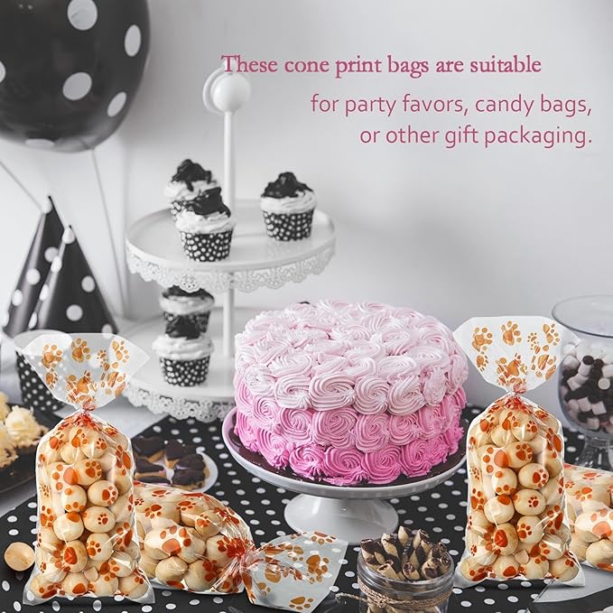 Blulu 100 Pieces Dog Treat Bags Puppy Party Favor Pet Paw Cone Cellophane Bags Candy Heat SealableDog Paw Gift with 100 Pieces Silver Twist Ties for Pet Cat Treat Party Favor(Orange)