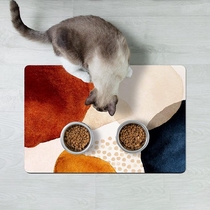 Rnivvi Dog Food Mat, 12" x 19" Absorbent Dog Cat Bowl Mat for Food and Water, Cute Anti-Slip Rubber Pet Feeding Rug Protect Floors, Puppy Placemat for Feeding & Watering Supplies, Abstract Stones