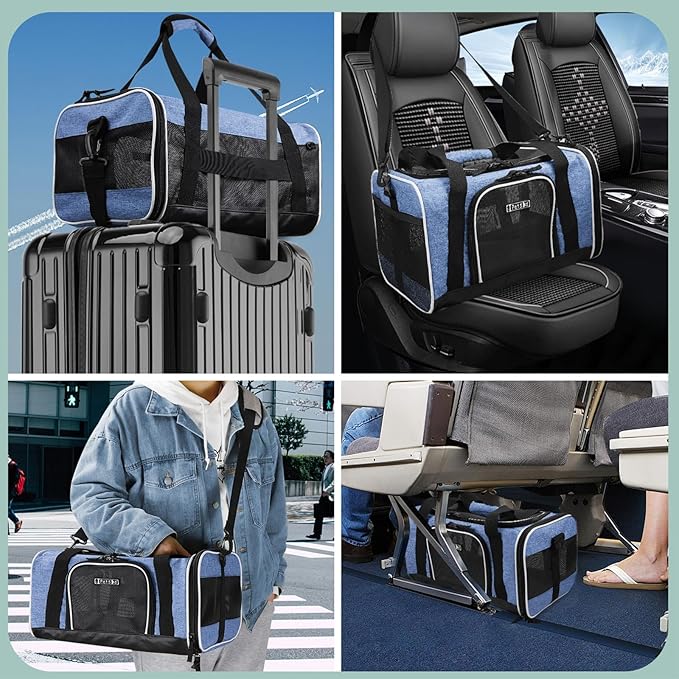 Petskd Pet Carrier 17x12x8.5 JetBlue Allegiant Airline Approved,Pet Travel Carrier Bag for Small Cats and Dogs, Soft Dog Carrier for 1-8 LBS Pets,Dog Cat Carrier with Safety Lock Zipper(Blue)