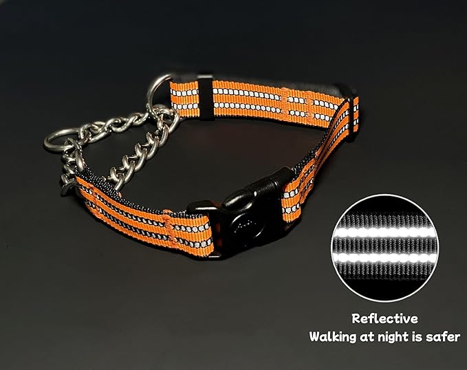 Martingale Dog Collars, Reflective Nylon Collar with Stainless Steel Chain, Adjustable Walking Training Dog Collars with Quick Release Buckle, Suitable for Small Medium Large Dogs(Orange,L)