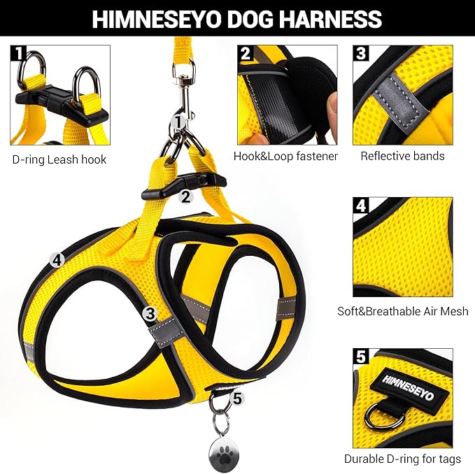 Dog Harness and Leash Set, Dog Harness for Dogs No Pull, No-Chock Step-in Reflective Breathable Lightweight Easy Walk Vest Harnesses with Safety Buckle for Small Medium Dogs, Cats (Yellow, XS)