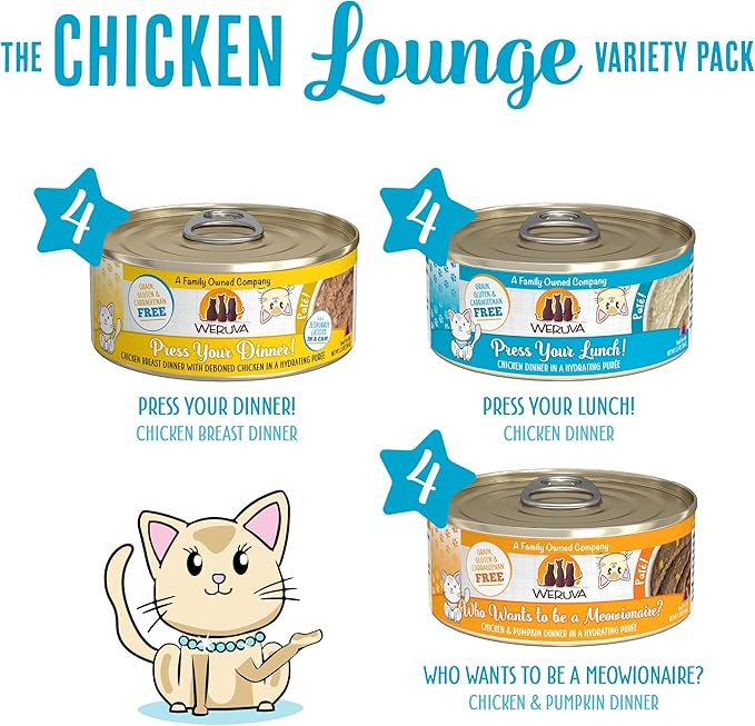 Weruva Wet Cat Food, The Chicken Lounge Paté Variety Pack, 5.5oz Can, Pack of 12