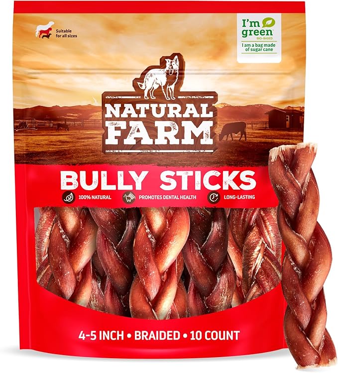 Natural Farm Odor-Free Braided Bully Sticks (4-5 Inch, 10 Pack) - 100% Grass-Fed Beef, Grain-Free, Low Fat & Fully Digestible Best Dental Treats, Safest Long Lasting Pizzle Chews to Keep Your Dog Busy