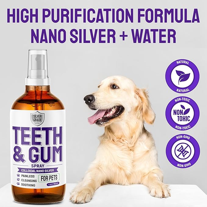 SILVER GRADE Teeth & Gum Dog Breath Spray for Pets Mouth – Cat Dental Care with Silver – Dog Breath Freshener Helps with Tartar & Caries – Plaque Remover for Daily Use – 4 Oz