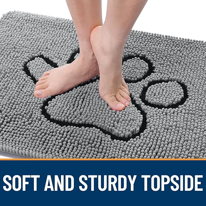 OLANLY Dog Door Mat for Muddy Paws 47x24, Paw Print Design, Absorbs Moisture and Dirt, Absorbent Non-Slip Washable Doormat, Quick Dry Chenille Mud Mat for Dogs, Entry Indoor Entryway Carpet, Grey