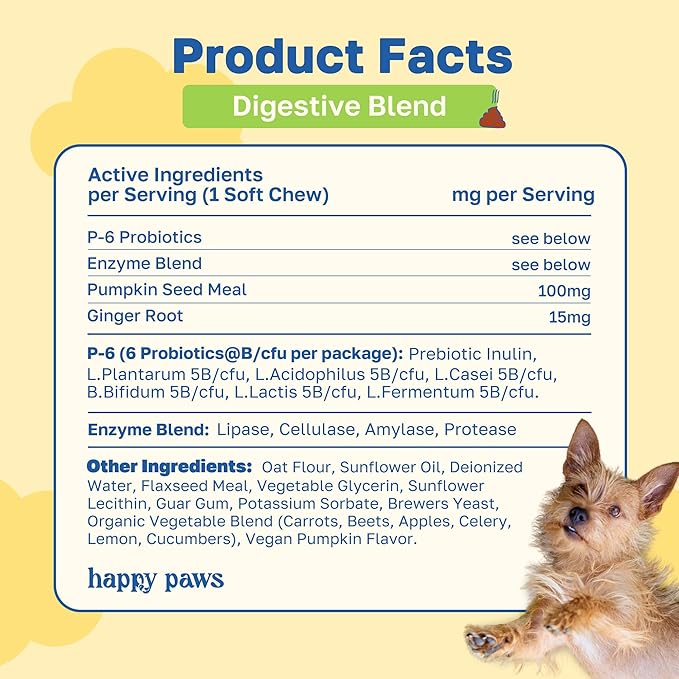 Happy Paws Digestive Supplement for Dogs, Gut Health & Immune Support for All Breeds & Ages, Made with Probiotics, Enzyme Blend & Ginger Root, Pumpkin Flavor, Organic, Non GMO, 200 Soft Chews