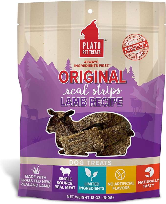 PLATO Pet Treats Real Strips - Air-Dried Meat Bars for Dogs - Delicious, Limited Ingredient Dog Treats - Grain Free Dog Treats - Original Real Strips Lamb Flavor 18oz