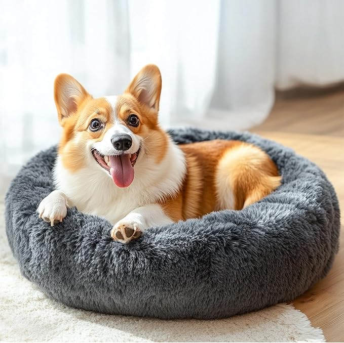 28in Large Dog Bed, Medium Size Dog and Cats, Calming Donut Bed for Puppy and Kitten, Washable Round Fluffy Pet Bed (Dark Grey)