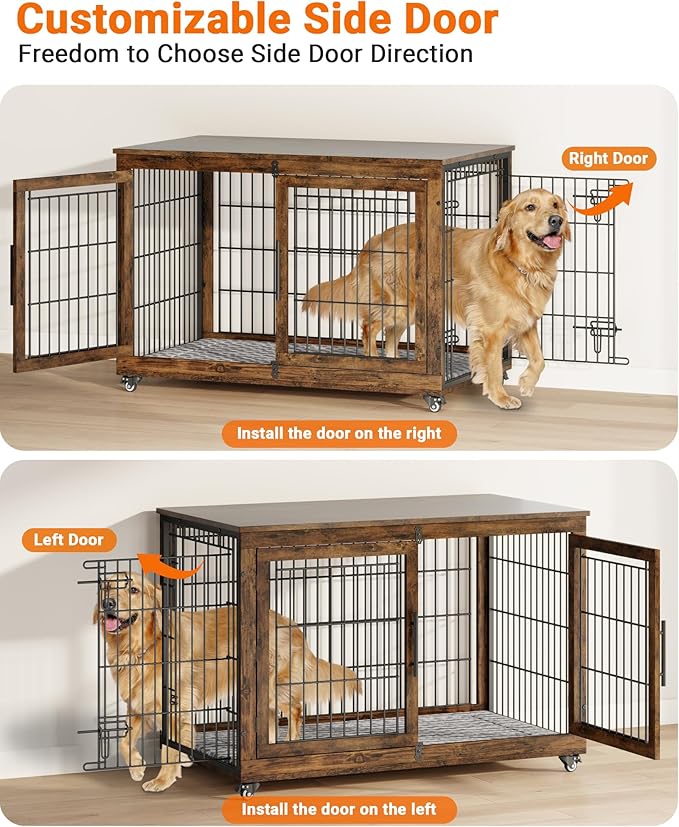 Dog Crate Furniture with Cushion, Wooden Dog Kennel Indoor with Double Doors, Dog Cage with Wheels, Dog House Side End Table for Large Dogs up to 85 lb, 44" L, Rustic Brown
