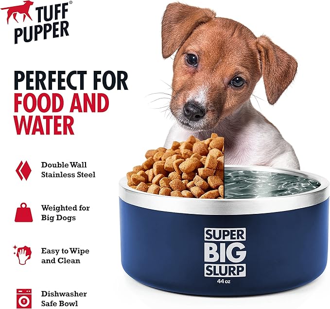 Tuff Pupper Heavy Duty Insulated Dog Bowl | Double Wall Stainless Steel Dog Food Dish | Non-Slip Spill Proof Dishwasher Safe Cat Bowl | Water Dish for Feeding Large Medium Small Pets (44oz, Blue)