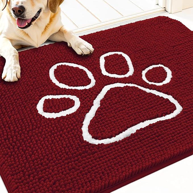 OLANLY Dog Door Mat for Muddy Paws 30x20, Paw Print Design, Absorbs Moisture and Dirt, Absorbent Non-Slip Washable Doormat, Quick Dry Chenille Mud Mat for Dogs, Entry Indoor Entryway Carpet, Red