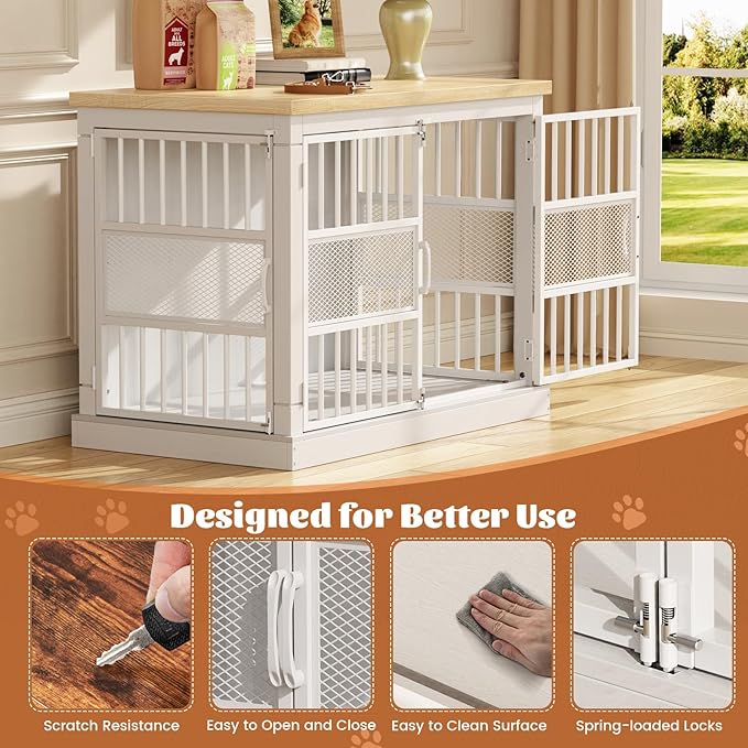 VOPEAK 46" Dog Crate Furniture, Chew Resistant Large Dog Crate for Medium Large Dogs, Heavy Duty XL Dog Crates Dog Kennel Cage Indoor with Double Doors, End Table for Bedroom Living Room, White