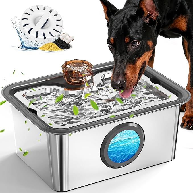 Dog Water Fountain for Large Dogs Stainless Steel 3 Gallon Big Pet Drinking Fountain with Filter, Electric Cat Watering Dispenser with Large-Filtration Area & Deeper Drinking Super Quiet