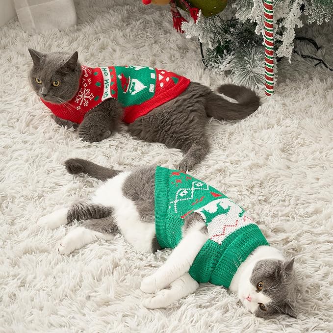Stretchy Cat Christmas Sweater - 2 Packs Christmas Sweaters for Cats | Snug Winter-Ready Knit for Boy/Girl Cats & Kittens(Scarlet, X-Small)