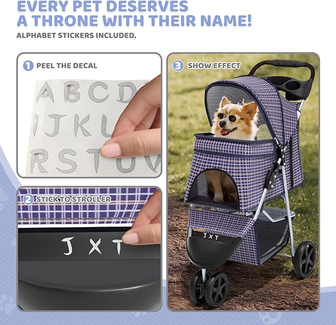 Magshion 3-Wheel Pet Stroller, Foldable Travel Jogger for Small & Medium Dogs & Cats (Up to 33lbs), Lightweight Carrier with Breathable Mesh Cover, Cup Holder & Storage Basket, Plaid