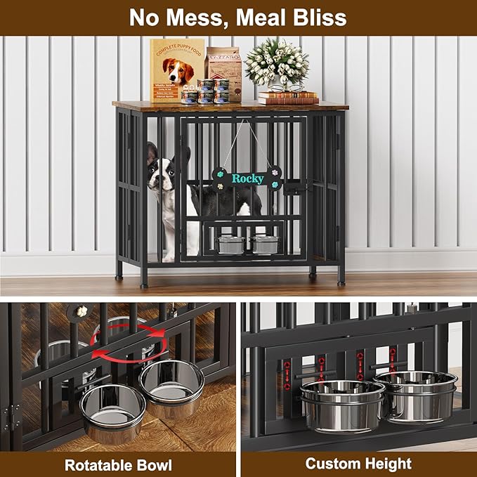 Easycom 31" Dog Crate Furniture Foldable, No Assembly Decorative Dog Kennel Indoor, Dog Crates for Medium Dogs(20-35 lb), Wooden Dog Cage with Adjustable Bowls and Name Tag, End Table, Rustic Brown