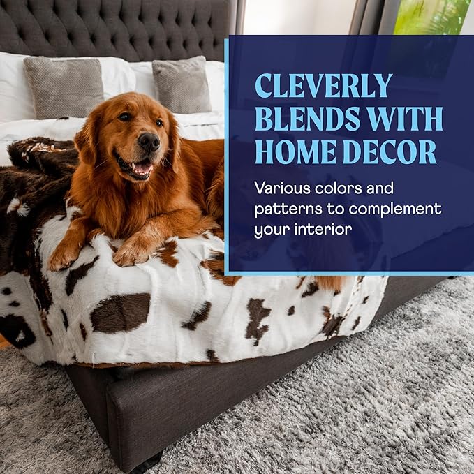 PupProtector Waterproof Throw Blanket for Dogs and Cats, Pet Blanket Cover for Couches, Sofas, Beds, Car Seats, Furniture, Calming Soft Faux Fur, Brown Cowhide, Original (60" L x 50" W)